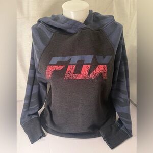 Fox woman’s men’s Hoodie Pullover Black w/ Blue Size xs Long Sleeve Lightweight